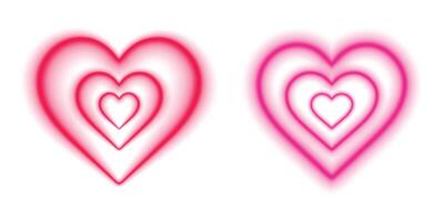 Bright neon heart frame border with red purple pink glowing light effect for love valentine day card decoration on isolated background. Two hearts set, vector
