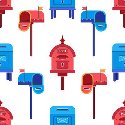 Postbox seamless pattern. Red, blue mailboxes for sending letters. Closed, open mail containers stand on a pillars, with a raised flag. Metal letterboxes. Colorful ornament for print, fabric
