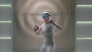 Futuristic neon studio woman explore AR gadget high-tech wear VR glasses goggles gaming simulation helmet female girl play virtual augmented reality cyber game boxing with controllers metaverse video
