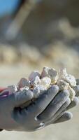 Worker engineer hold gravel in hand, checks quality at quarry, close up. Vertical video