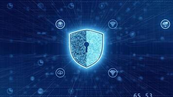 Motion graphic of Blue security shield icon technology futuristic elements abstract background seamless loop video