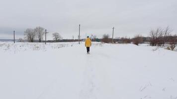 person walking in the snow on a snowy field video