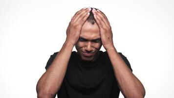 Sick Man Holding Head in Headache Gesture Isolated on White Background video