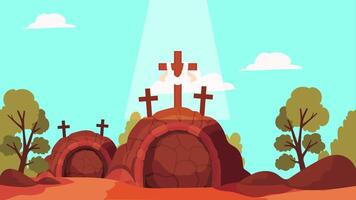The cross is in the middle of a cave with trees and a sun video
