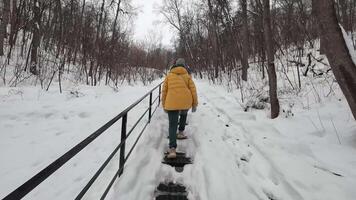 A person walking on a bridge in the snow video