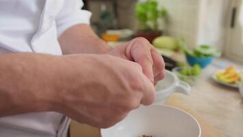Close up Hands Chef Prepares Salted Pistachios Dried Fruit Healthy Vegetarian video