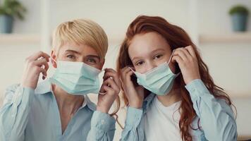Mother and daughter with different hair colors are smiling while taking off their face masks in a well-lit indoor space with greenery in the background, symbolizing relief and joy. video