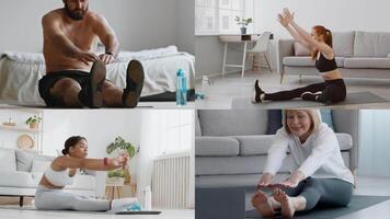 Individuals of various ages and backgrounds practice stretching and workouts at home, promoting an active lifestyle. The setting features a bright indoor environment conducive to fitness activities. video