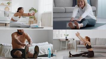 Four individuals are practicing various flexibility exercises indoors. The setting is bright and airy, emphasizing a healthy lifestyle and commitment to fitness at home. video