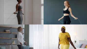 A collection of individuals practicing fitness routines indoors, showcasing various exercises like jumping rope and using resistance bands. video
