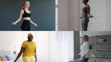 A collage featuring individuals of different backgrounds participating in athletic exercises at home. They skip rope and perform workouts, promoting a healthy lifestyle. video