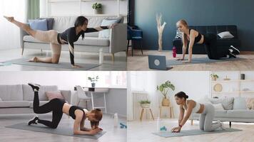 Various individuals perform athletic exercises indoors in a home setting. They focus on fitness routines showcasing strength, flexibility, and healthy lifestyle choices in a cozy environment. video