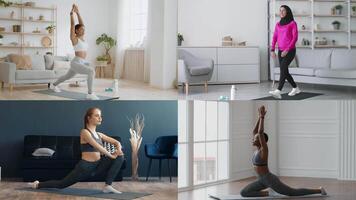 Multiple individuals practicing fitness activities indoors in a cozy home environment. Each person showcases different workouts, emphasizing health and athleticism together. video