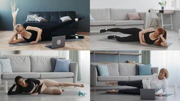 A collage showcasing different individuals performing athletic exercises indoors. Each person focuses on fitness and movement, embodying a healthy lifestyle in a cozy home environment. video