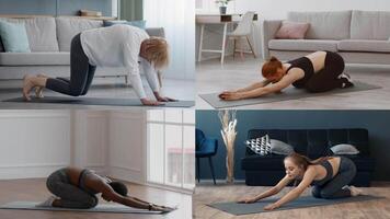 Four individuals perform various stretching exercises indoors, showcasing different fitness levels and backgrounds. This collage highlights a commitment to health and active living at home. video