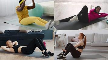 Four individuals demonstrate different athletic exercises at home, showcasing their commitment to healthy living through diverse workout routines in a spacious and well-lit environment. video
