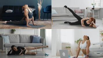 A collection of four scenes capturing diverse individuals performing various workouts at home, showcasing athleticism and a healthy lifestyle. Each setting emphasizes fitness and motivation. video
