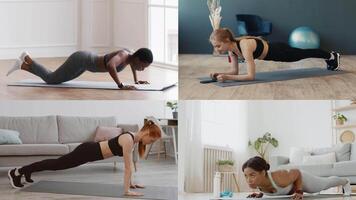Diverse individuals perform various fitness activities indoors, showcasing an active lifestyle. Each person demonstrates athletic skills, emphasizing health and wellness in their home environment. video