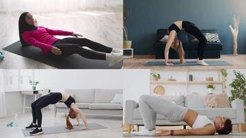 A collection of diverse individuals performing various athletic workouts indoors. Each person is focused on their exercise routine, promoting a healthy lifestyle in a cozy home environment. video