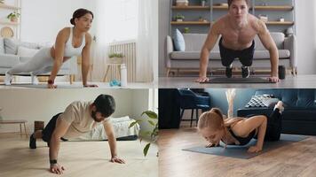 A collection of diverse individuals participating in various athletic workouts at home. video