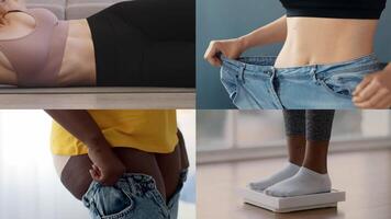 A collage shows a diverse group of people actively pursuing fitness indoors. They exercise, monitor weight, and experience lifestyle changes, reflecting an athletic and healthy approach. video
