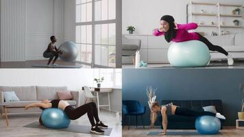 A collage showcases diverse people participating in various workouts indoors using exercise balls. Each individual demonstrates their commitment to fitness in a home environment. video