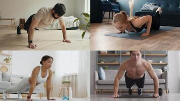 A collection of athletic individuals performing fitness workouts in a cozy home environment. Each person focuses on different exercises, showcasing a healthy lifestyle. video