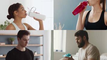 Four varied people in a home setting focus on fitness and wellness. They hydrate and prepare for workouts, emphasizing an active and health-conscious lifestyle. video