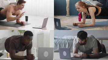 quatro pessoas participar dentro ginástica Atividades às lar, usando tapetes e laptops. elas estão focado em seus treinos, exibindo dedicação para saúde e exercício dentro uma acolhedor interior contexto. video