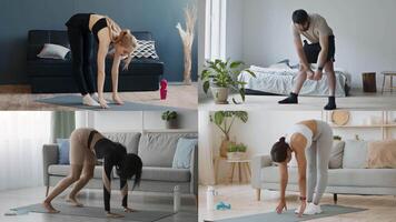 A collection of individuals perform various fitness exercises in an indoor home setting. video