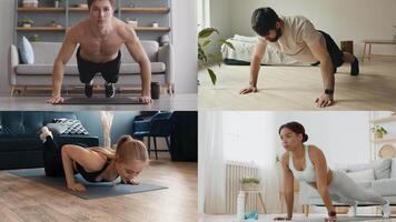 A diverse collection of individuals performing athletic exercises indoors. The setting highlights a healthy lifestyle with each person focused on their fitness routine in different home environments. video