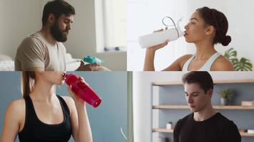 Four individuals showcase their commitment to fitness through various activities indoors. Each participant highlights a healthy lifestyle with workout gear and hydration. video