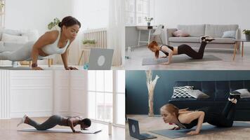Four individuals of varied backgrounds perform different workout routines at home, showcasing athleticism and commitment to fitness. video