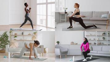 A collection of individuals of various backgrounds working out indoors. They perform exercises like lunges and stretches in a well-lit space, emphasizing a healthy lifestyle and fitness. video
