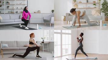 A collection of athletic people performing diverse workouts indoors. Each person showcases a unique exercise routine, promoting a healthy and active lifestyle in a cozy home setting. video