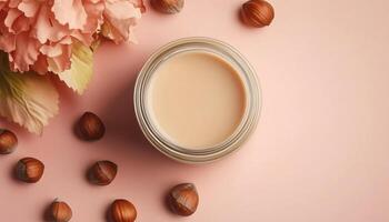 Hazelnut organic milk on glass jar for healthy drink on daily routine photo