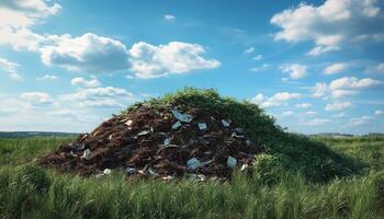 Garbage piles of grass in a large field with blue sky environment theme photo