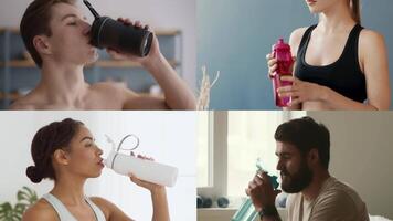 Four individuals from diverse backgrounds focus on their fitness routines indoors at home. Each person enjoys a healthy drink, showcasing an athletic lifestyle and commitment to wellness. video