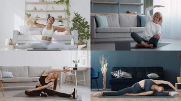 A collection of individuals practicing various athletic exercises indoors, showcasing flexibility and strength in a home environment. Each person contributes to a vibrant fitness lifestyle. video