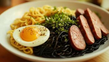 Black and yellow noodle with sausage and egg on white bowl for lunch photo