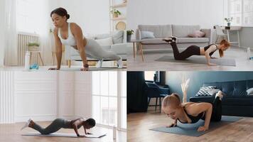 Group of diverse people participating in different athletic exercises indoors. They focus on strength and wellness, showcasing distinct workout styles and techniques. video