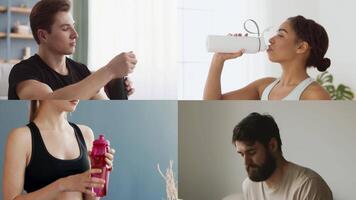 Four individuals engage in fitness activities at home, showcasing athletic lifestyles. They fill their water bottles, emphasizing the importance of hydration during workouts. video