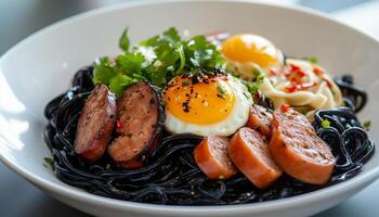 Black and yellow noodle with sausage slice and egg on white bowl for lunch photo