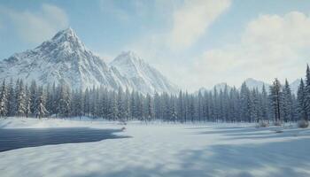 Winter landscape with mountain range, pine tree and snow photo