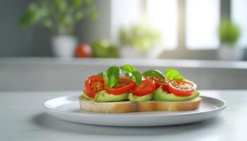 Avocado, tomato slice bruschetta snack bread simple food for breakfast photo