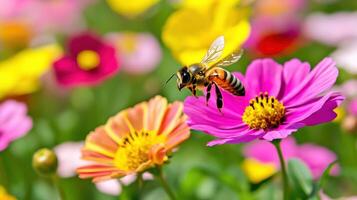 Bee fluttering from vibrant flower to flower in a colorful garden photo