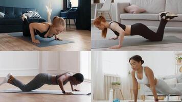 Four individuals participate in various athletic exercises at home, showcasing strength and dedication to fitness. Each person demonstrates different movements, promoting an active lifestyle. video