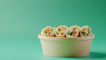 Spring rice roll with vegetable, and meat on compostable paper bowl eco packaging recycle product photo