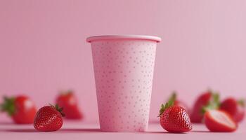 Strawberry fresh fruit juice on eco friendly paper cup compostable packaging photo
