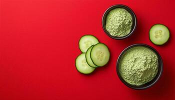 Cucumber vegetable slice extract dried flour on wooden bowl in red background photo